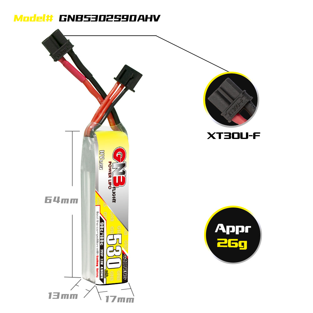 15954 3 battery gnb gaoneng lihv 2s 7 6v 530mah 90c xt30 lipo long