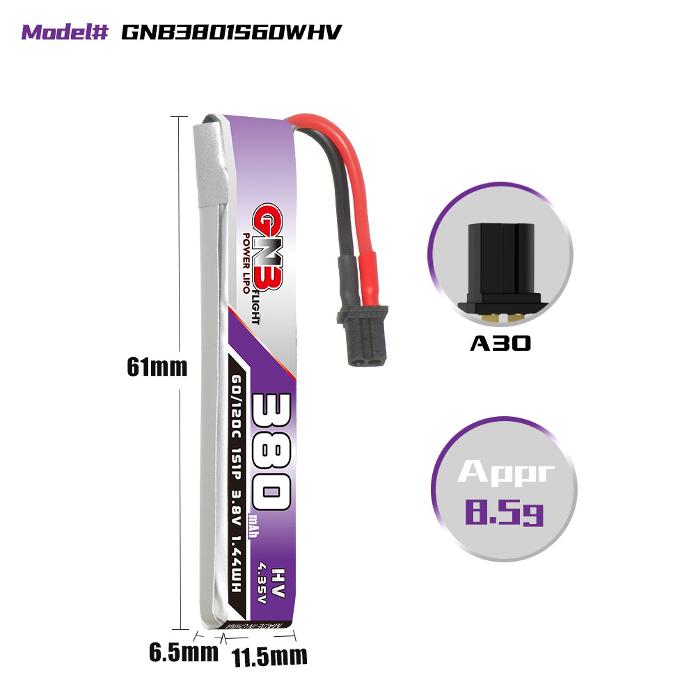 15930 3 battery gnb gaoneng lihv 1s 3 8v 380mah 60c a30 cabled