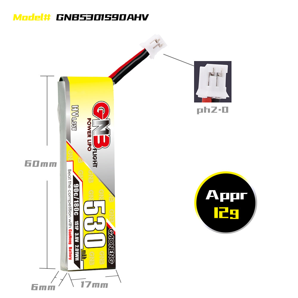 15948 3 battery gnb gaoneng lihv 1s 3 8v 530mah 90c ph2 0 cabled