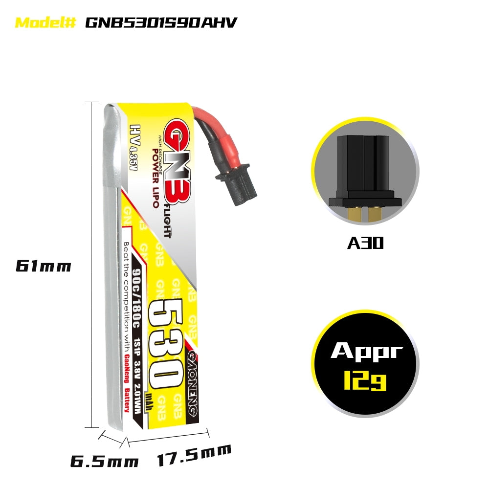 15951 3 battery gnb lihv 1s 3 8v 530mah 90c a30 cabled