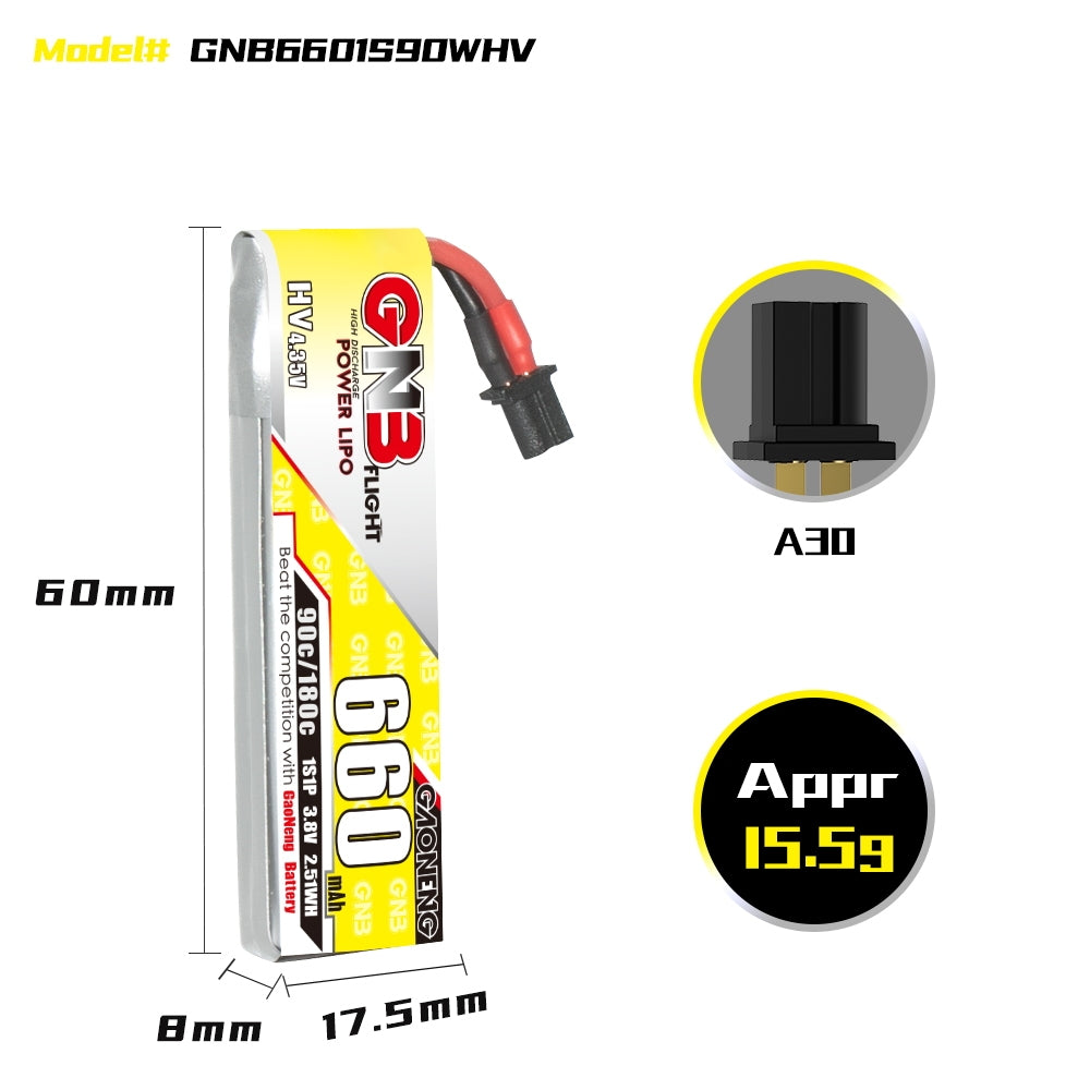 15969 3 battery gnb gaoneng lihv 1s 3 8v 660mah 90c a30 cabled