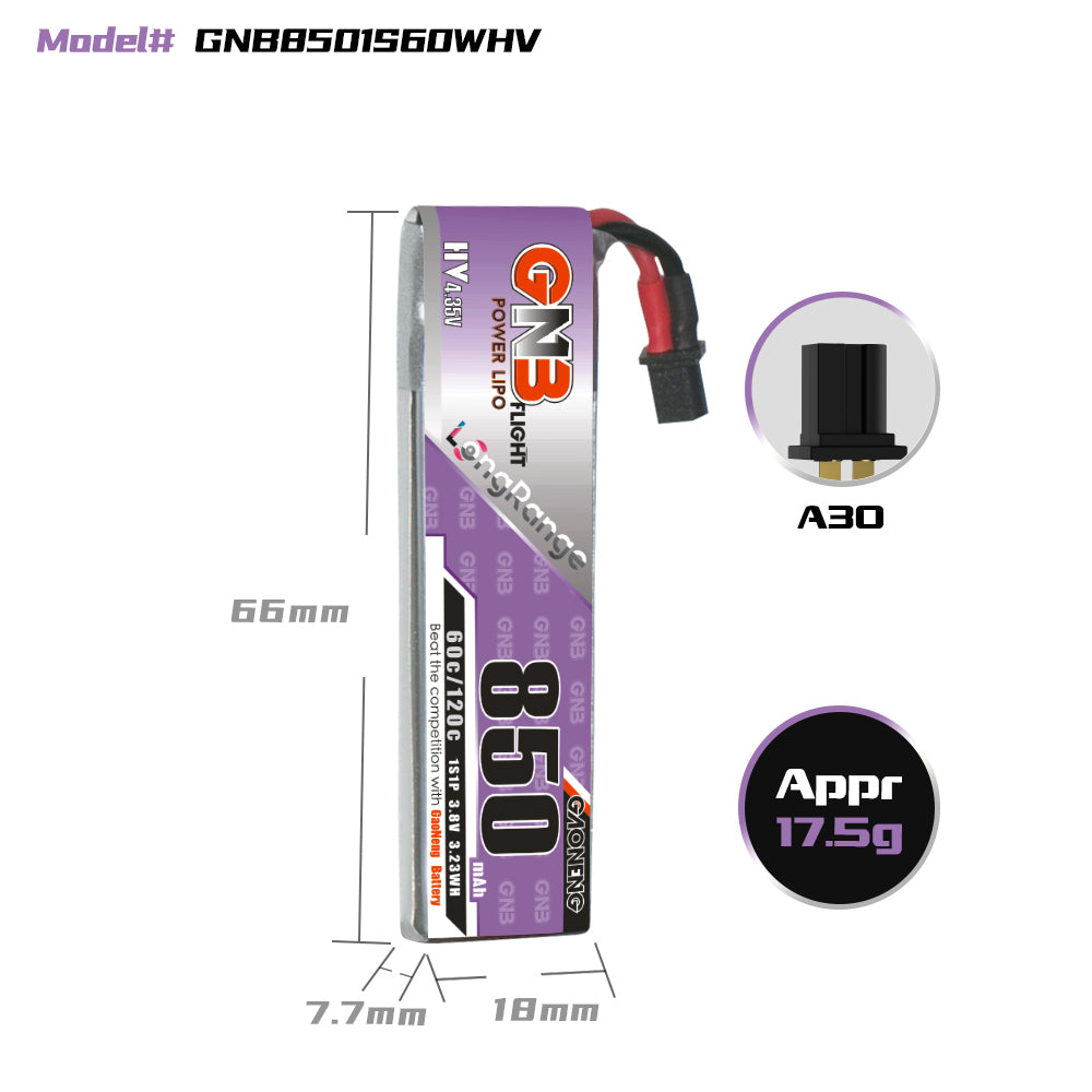 15999 2 battery gnb gaoneng lihv 1s 3 8v 850mah 60c a30 cabled