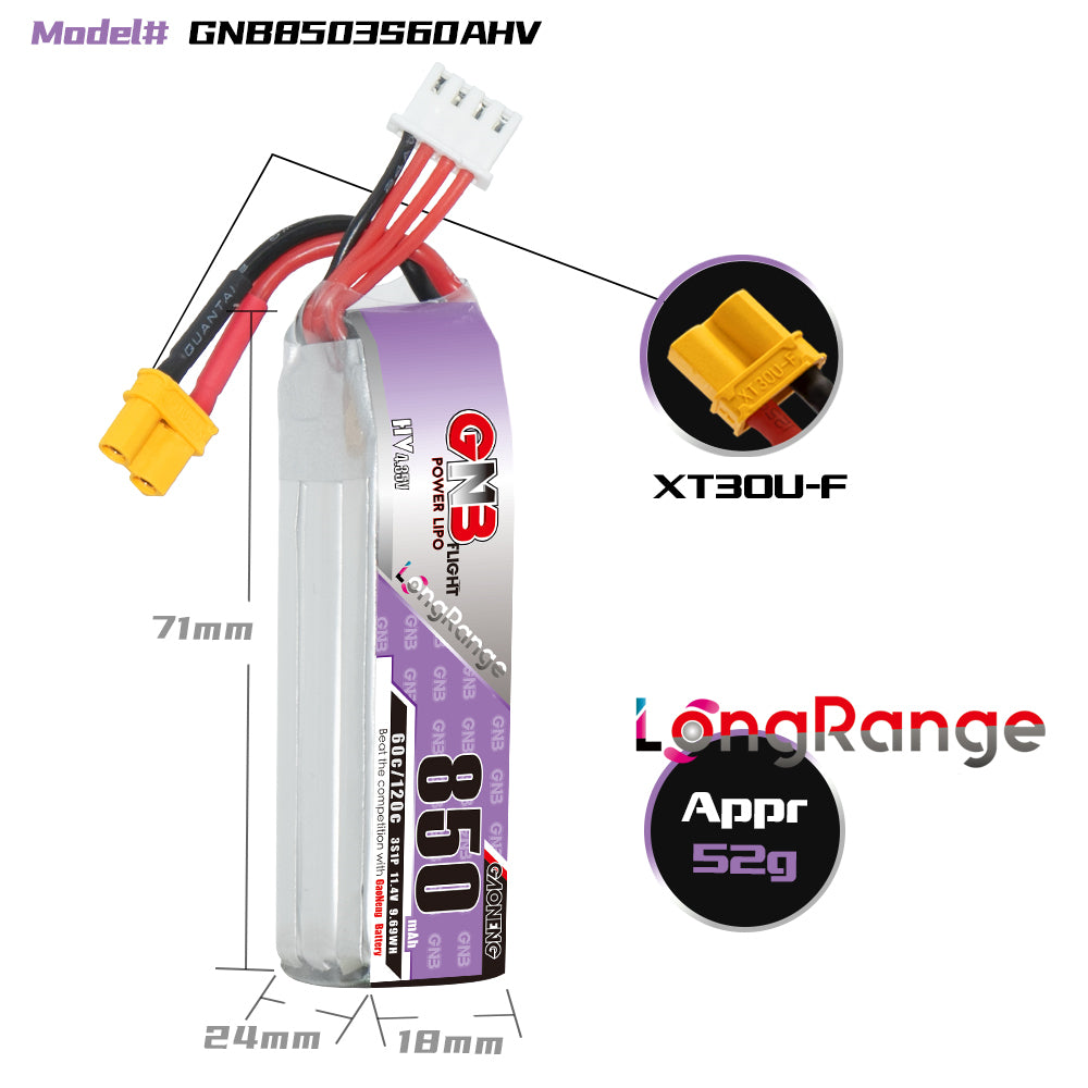 16005 3 battery gnb gaoneng lihv 3s 11 4v 850mah 60c xt30