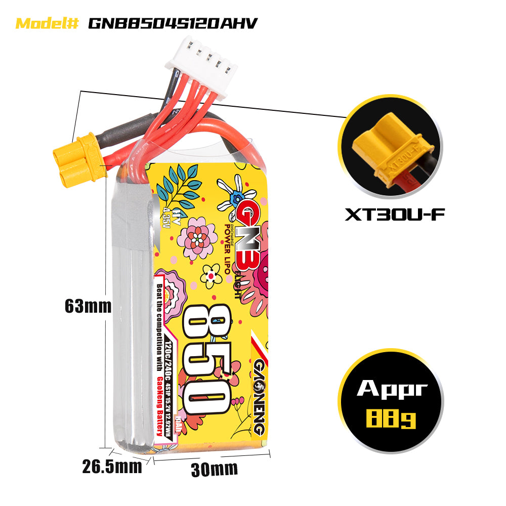 16011 2 battery gnb gaoneng lihv 4s 15 2v 850mah 120c xt30
