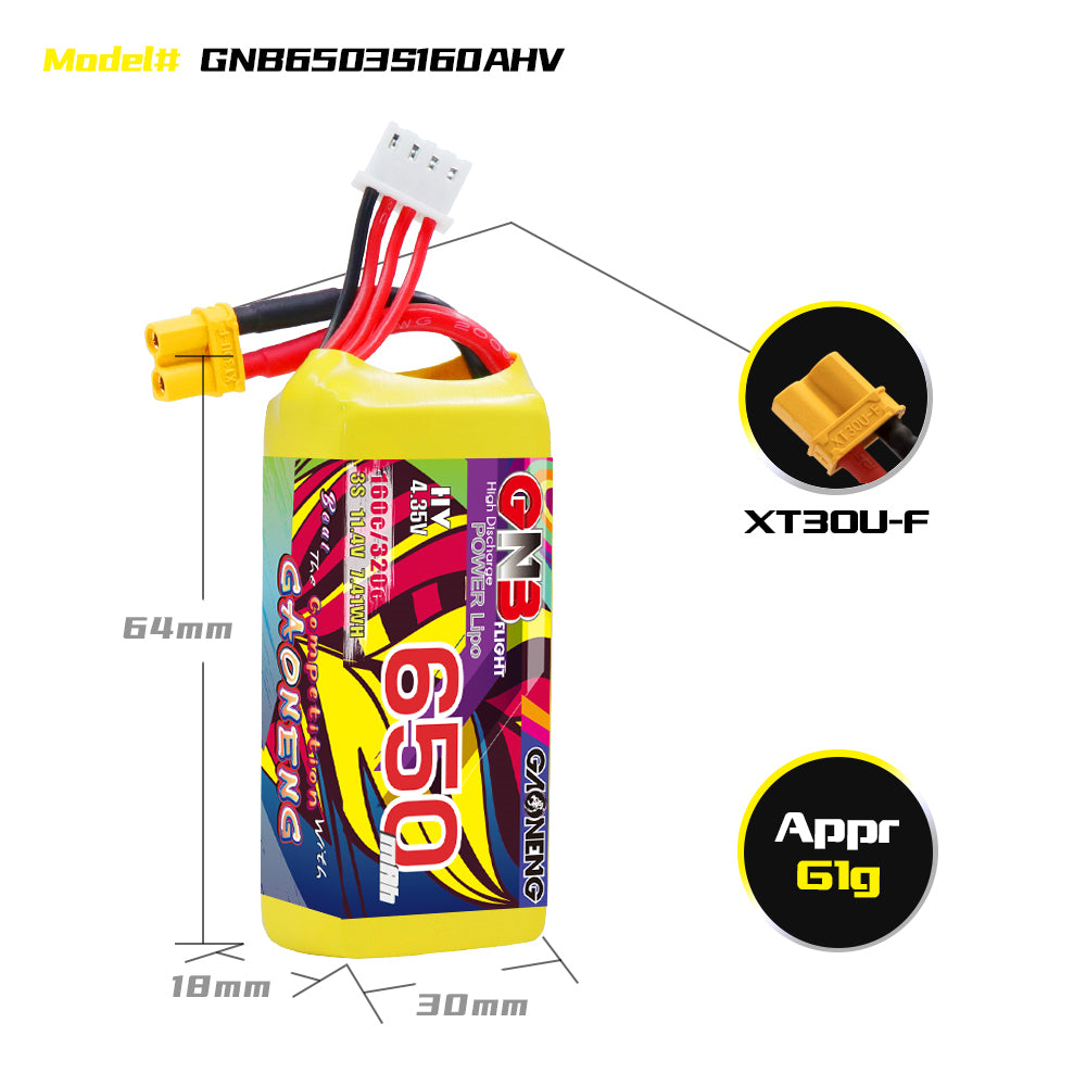 Battery GNB GAONENG 650mah 3S1P 11.4V HV 160C XH- JST 4P XT30