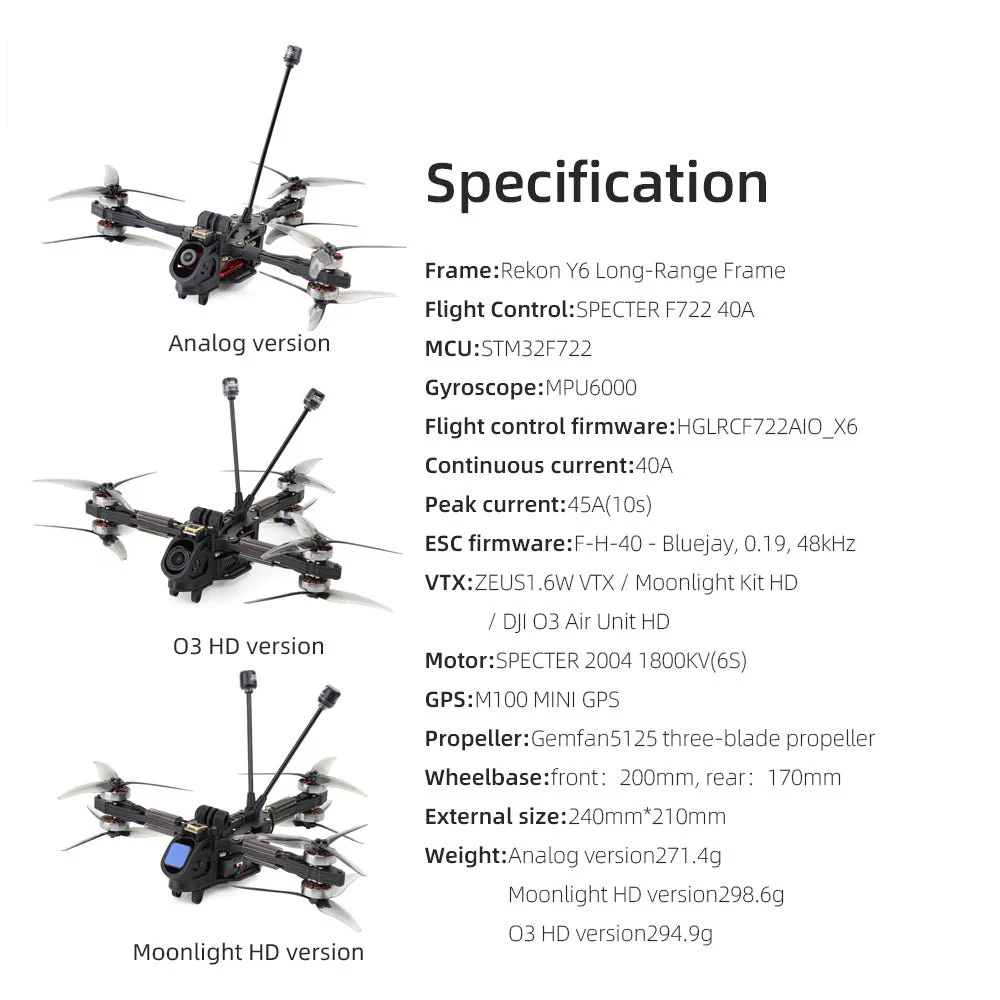 FPV drone HGLRC Rekon Y6 5-inch ELRS Moonlight Kit HD
